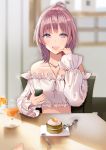  1girl :d ahoge blurry brown_hair cake chair collarbone crop_top cup depth_of_field drinking_glass food fork frilled_shirt frills hand_up holding jewelry lloule long_sleeves looking_at_viewer midriff necklace off-shoulder_shirt off_shoulder open_mouth original plate pov pov_hands purple_eyes shirt short_hair sidelocks sitting smile solo table white_shirt 