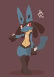  3_fingers 3_toes ambiguous_gender anthro blue_fur brown_background canid fingers fur looking_at_viewer lucario mammal navel nintendo nyaswitchnya pok&eacute;mon pok&eacute;mon_(species) red_eyes simple_background smile solo spikes toes video_games yellow_fur 