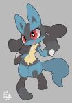  3_fingers 3_toes ambiguous_gender anthro blue_fur blush canid fingers fur grey_background lucario mammal navel nintendo nyaswitchnya open_mouth pok&eacute;mon pok&eacute;mon_(species) red_eyes simple_background solo spikes toes video_games yellow_fur 