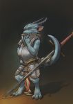  armor blue_scales clothed clothing crestfallenartist dragon green_eyes horn kobold melee_weapon scales scalie solo standing sword teeth weapon 