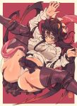 1girl ass breasts cleavage filia_(skullgirls) full_body hair_between_eyes highres large_breasts long_hair long_sleeves navel open_clothes open_mouth outstretched_arms panties poch4n red_eyes restrained s samson_(skullgirls) school_uniform shirt skullgirls solo spread_arms spread_legs tentacle_hair thighhighs unbuttoned unbuttoned_shirt underwear 