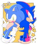  anthro blue_fur border clothing crossed_arms cute_fangs duo eulipotyphlan fur gloves green_eyes handwear hedgehog looking_at_another male mammal open_mouth open_smile pink_eyes pink_fur shadow_the_hedgehog sikai simple_background smile sonic_(series) sonic_the_hedgehog standing star white_border yellow_background 