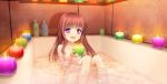  1girl :d absurdres bathing bathtub blush bottle brown_hair candle collarbone eyebrows_visible_through_hair highres holding long_hair mutsuki_(moonknives) nude open_mouth original purple_eyes silhouette sitting smile solo water wet 