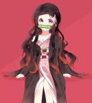 1girl arm_support bamboo bangs bit_gag black_hair blush brown_hair checkered collarbone commentary_request deyui forehead gag gradient_hair hair_ribbon japanese_clothes kamado_nezuko kimetsu_no_yaiba kimono long_hair long_sleeves looking_at_viewer mouth_hold multicolored_hair obi off_shoulder open_clothes parted_bangs pink_background pink_kimono pink_ribbon red_background red_eyes ribbon sash shadow sitting sleeves_past_wrists solo two-tone_hair very_long_hair wide_sleeves 