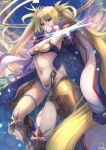  1girl armpits bangs bare_shoulders bikini blonde_hair blue_bikini blue_eyes blush boots bradamante_(fate/grand_order) braid breasts cleavage coat crown_braid elbow_gloves fate/grand_order fate_(series) faulds gloves grin hair_between_eyes halo highres jacket_on_shoulders knee_boots light_particles long_hair looking_at_viewer medium_breasts navel ohako_(ohako1818) open_clothes open_coat scepter smile solo swimsuit thigh_strap thighs twintails two-tone_bikini very_long_hair white_bikini white_coat 
