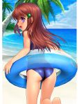  1girl absurdres ass beach brown_hair cloud from_behind highres innertube leg_up long_hair looking_back mutsuki_(moonknives) ocean one-piece_swimsuit open_mouth original outdoors pink_eyes running school_swimsuit sky smile solo swimsuit 