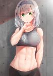  1girl 2020_summer_olympics abs against_wall bangs bike_shorts black_shorts breasts closed_mouth collarbone commentary cowboy_shot green_eyes grey_shirt hairband highres hololive large_breasts looking_at_viewer medium_hair muscle navel shirogane_noel shirt shorts signature solo sports_bra standing starblame sweat symbol_commentary virtual_youtuber white_hair wiping_sweat 