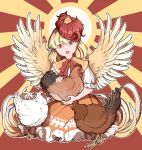  1girl animal animal_on_head bird blonde_hair chick chicken dress eyebrows_visible_through_hair feathered_wings highres holding holding_animal looking_at_viewer mefomefo multicolored_hair niwatari_kutaka on_head open_mouth puffy_short_sleeves puffy_sleeves red_eyes red_hair red_ribbon ribbon shirt short_hair short_sleeves solo touhou two-tone_hair white_shirt wings 