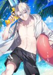  &gt;:) 1boy beach blue_eyes blue_sky hood hoodie innertube male_focus male_swimwear noes palm_leaf silver_hair sky smile swim_trunks swimwear touken_ranbu water water_gun yamanbagiri_chougi 