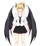  1girl absurdres bangs black_neckwear black_skirt blonde_hair breast_pocket breasts cleavage collarbone commentary_request demon_horns demon_wings eyebrows_visible_through_hair feet_out_of_frame hair_between_eyes highres horns long_sleeves looking_at_viewer medium_breasts miniskirt necktie original piro_(iiiiiiiiii) pleated_skirt pocket ponytail shirt short_hair sidelocks simple_background skirt sleeves_rolled_up smile solo standing thighs white_background white_shirt wings yellow_eyes 