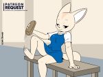  3_toes aggressive_retsuko anthro barefoot bench canid canine clothed clothing female fennec fenneko fox fully_clothed hi_res joaoppereiraus mammal sanrio sitting solo toes 