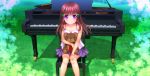  1girl absurdres blush brown_hair camisole chair closed_mouth collarbone day eyebrows_visible_through_hair grass hair_bobbles hair_ornament hand_on_own_knee highres instrument long_hair looking_at_viewer mutsuki_(moonknives) original outdoors piano pleated_skirt purple_eyes purple_skirt skirt smile solo stuffed_animal stuffed_toy teddy_bear tree 