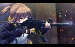  1girl bangs black_bow black_gloves black_jacket black_ribbon black_scarf blurry blurry_background bow brown_hair character_name commentary depth_of_field dress_shirt eyebrows_visible_through_hair fingerless_gloves fingernails girls_frontline glint gloves glowing glowing_eye gun h&amp;k_ump9 hair_between_eyes hair_bow hair_ornament hairclip highres holding holding_gun holding_weapon honami_(yths4221) hood hood_down hooded_jacket jacket letterboxed light_trail long_hair long_sleeves neck_ribbon object_namesake open_clothes open_jacket rain red_eyes ribbon scar scar_across_eye scarf shirt solo submachine_gun twintails ump9_(girls_frontline) upper_body weapon white_shirt 
