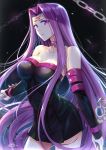  1girl absurdres bare_shoulders black_dress breasts chain cleavage collar collarbone dress facial_mark fate/stay_night fate_(series) forehead_mark gu_li highres huge_filesize large_breasts long_hair looking_at_viewer purple_hair rider sleeveless solo strapless strapless_dress very_long_hair 