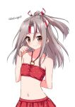  1girl alternate_costume bare_shoulders bikini brown_hair cowboy_shot hachimaki headband high_ponytail hoshino_kagari kantai_collection long_hair looking_at_viewer red_bikini simple_background smile solo swimsuit twitter_username white_background zuihou_(kantai_collection) 