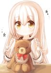  1girl blush bow brown_eyes closed_mouth dress hands_up holding holding_hair long_hair long_sleeves original red_bow simple_background smile solo star stuffed_animal stuffed_toy teddy_bear upper_body very_long_hair white_background white_dress white_hair yuuhagi_(amaretto-no-natsu) 