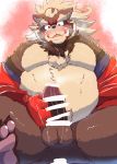  2019 anthro balls belly blush brown_fur butt canid canine censored clothing fur goemon_(tas) humanoid_penis male mammal moobs okmt_redbull overweight overweight_male penis raccoon_dog robe solo tanuki tokyo_afterschool_summoners video_games 