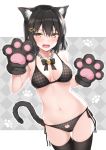  1girl animal_ear_fluff animal_ears argyle argyle_background bare_arms bare_shoulders bell bikini black_bikini black_hair black_legwear bow bowtie breasts brown_eyes cat_cutout cat_ears cat_girl cat_tail chain cleavage collarbone cowboy_shot extra_ears fangs frown gloves groin hair_ornament hands_up jingle_bell karutamo large_breasts looking_at_viewer medium_hair navel open_mouth original paw_gloves paws side-tie_bikini sidelocks skindentation solo standing stomach swimsuit tail thighhighs thighs v-shaped_eyebrows 