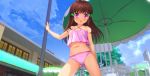  1girl absurdres arm_behind_back arm_up ass_visible_through_thighs bikini blush brown_hair building camisole cloud highres legs_apart long_hair midriff mutsuki_(moonknives) navel open_mouth original outdoors pink_bikini pink_camisole pink_eyes pole sky solo swimsuit thighs umbrella 