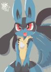  :3 ambiguous_gender anthro blue_fur blush canid fur grey_background lucario mammal nintendo nyaswitchnya open_mouth pok&eacute;mon pok&eacute;mon_(species) red_eyes simple_background solo spikes tailwag tongue video_games yellow_fur 