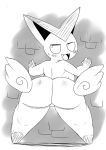  2019 4_fingers against_wall anthro big_butt big_ears black_nose blush breasts butt butt_wings darky fangs female fingers fur half-closed_eyes legendary_pok&eacute;mon looking_at_viewer looking_back low_res mammal monochrome nintendo open_mouth pok&eacute;mon pok&eacute;mon_(species) presenting rear_view short_stack side_boob simple_background sketch solo victini video_games white_background wide_hips wings 