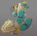  1oi 2019 anthro belt blue_eyes breasts canid capcom claws digital_media_(artwork) electricity english_text fanged_wyvern female fur hi_res holding_object holding_whip horn looking_at_viewer mammal monster_hunter nude open_mouth scales scalie smile solo text video_games whip zinogre 