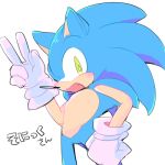  1:1 anthro blue_fur blush clothing cute_fangs eulipotyphlan fur gesture gloves green_eyes hand_on_hip handwear hedgehog japanese_text low_res male mammal open_mouth open_smile sikai simple_background smile solo sonic_(series) sonic_the_hedgehog text v_sign white_background 