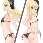  1girl absurdres ass atsumisu bare_arms bare_shoulders beret bikini black_bikini black_headwear black_ribbon blonde_hair blush breasts closed_mouth commentary_request fate_(series) flower green_eyes green_flower groin hair_flower hair_ornament hat highres long_hair looking_at_viewer looking_back lord_el-melloi_ii_case_files multiple_views navel profile reines_el-melloi_archisorte ribbon side-tie_bikini small_breasts smile swimsuit tilted_headwear untied untied_bikini white_background 