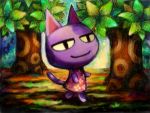  2013 animal_crossing anthro bob_(animal_crossing) clothed clothing cortoony digital_media_(artwork) digital_painting_(artwork) domestic_cat dress felid feline felis low_res mammal nintendo noseless purple_body smile solo tree video_games walking yellow_sclera 