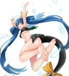  1girl ass asymmetrical_wings bare_shoulders barefoot blue_hair bow breasts commentary_request dizzy eiji_(eiji) eyebrows_visible_through_hair from_below guilty_gear hair_bow hair_ribbon large_breasts long_hair navel red_eyes ribbon soles solo tail tail_ribbon toes twintails underboob very_long_hair wings 