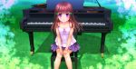  1girl absurdres brown_hair dress grand_piano hands_on_own_thighs highres instrument long_hair mutsuki_(moonknives) open_mouth original outdoors piano pink_eyes sitting solo stool sundress white_dress 