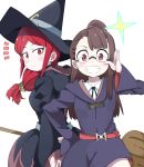  2girls belt black_neckwear blush broom brown_hair collar commentary_request cowboy_shot eyebrows_visible_through_hair eyewear_switch glasses hand_on_hip hat highres hood hood_down kagari_atsuko little_witch_academia long_hair luna_nova_school_uniform multiple_girls red_eyes red_hair rimless_eyewear ry770094 school_uniform shiny_chariot sidelocks simple_background smile surprised ursula_charistes white_background wide_sleeves witch witch_hat 