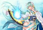  1girl absurdres aqua_hair aqua_kimono blue_background cowboy_shot dragon_girl dragon_horns eyebrows_visible_through_hair fan fate/grand_order fate_(series) folding_fan gold_trim hand_on_own_cheek highres holding holding_fan horns huge_filesize japanese_clothes kimono kiyohime_(fate/grand_order) kuromu looking_at_viewer no_panties obi pelvic_curtain sash solo thighhighs white_legwear wide_sleeves yellow_eyes 