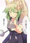  1girl alternate_costume anger_vein animal_ear_fluff animal_ears apron atalanta_(fate) breasts cat_ears commentary_request eyebrows_visible_through_hair fate/apocrypha fate/grand_order fate_(series) gradient_hair green_eyes green_hair index_finger_raised ladle light_blush long_hair multicolored_hair nahu open_mouth scolding solo translated two-tone_hair undershirt white_background 