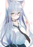  1girl animal_ears bangs cat_ears choker emily_(pure_dream) eyebrows_visible_through_hair glasses green_eyes hair_between_eyes long_hair looking_at_viewer necktie original red-framed_eyewear shirt silver_hair sketch skirt solo upper_body white_background white_shirt 