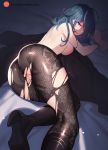  1girl ass bangs black_footwear black_legwear blue_eyes blue_hair bound bound_wrists breasts byleth_(fire_emblem) byleth_(fire_emblem)_(female) closed_mouth fire_emblem fire_emblem:_three_houses from_behind high_heels large_breasts long_hair looking_at_viewer nanoless pantyhose partially_undressed pussy rope sideboob sidelocks topless torn_clothes torn_legwear uncensored 