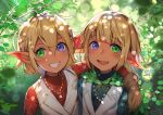  1boy 1girl :d ahoge arm_around_shoulder aura_bella_fiora bangs blonde_hair blue_shirt blunt_bangs blurry blurry_background brother_and_sister brown_gloves dark_elf day depth_of_field elf eyebrows_visible_through_hair gloves green_eyes grin hair_between_eyes heterochromia jacket long_sleeves looking_at_viewer mare_bello_fiore open_mouth outdoors overlord_(maruyama) pointy_ears purple_eyes red_shirt shirt short_hair siblings smile sunako_(veera) twins vest white_vest 
