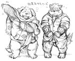  2017 anthro balls belly blush canid canine canis clothing cu_sith_(tas) domestic_dog duo eyes_closed humanoid_hands japanese_text male mammal moritaka navel nekomarudon overweight overweight_male penis scar scarf shirt simple_background tanukimaru text tokyo_afterschool_summoners topwear video_games 