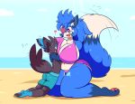 &lt;3 2019 anthro anthrofied beach big_breasts bikini blue_fur blue_hair blue_tail blush breasts brown_fur butt canid canine clothed clothing cute_fangs digital_media_(artwork) duo eye_patch eyelashes eyewear face_in_breasts face_on_breast feet female fox fur hair half-closed_eyes heterochromia hi_res hug huge_breasts lazuli_(doggod.va) male male/female mammal motion_lines multicolored_eyes multicolored_fur multicolored_tail nintendo pawpads pink_bikini pink_clothing pok&eacute;mon pok&eacute;mon_(species) purple_eyes sand seaside shiny shiny_pok&eacute;mon shinyillusionz size_difference smile swimwear thick_thighs video_games water white_fur white_tail wide_hips yellow_eyes zeke_the_zorua zorua 