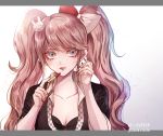  1girl artist_name bangs black_bra black_shirt blue_eyes bow bra breasts bunny_hair_ornament cleavage collarbone commentary_request cosplay danganronpa danganronpa_1 enoshima_junko enoshima_junko_(cosplay) eyebrows_visible_through_hair freckles hair_bow hair_ornament ikusaba_mukuro lipstick long_hair looking_at_viewer makeup medium_breasts necktie red_bow red_lipstick red_nails shirt simple_background sleeves_rolled_up solo twintails underwear white_background white_bow z-epto_(chat-noir86) 