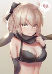  1girl absurdres ahoge bare_shoulders bikini black_bikini_top black_bow black_scarf blonde_hair bow breasts cleavage commentary_request dolce_(dolsuke) elbow_gloves eyebrows_visible_through_hair eyes_visible_through_hair fate/grand_order fate_(series) gloves hair_bow highres medium_breasts okita_souji_(fate) okita_souji_(fate)_(all) sad scarf short_hair solo swimsuit tan_background tearing_up tears wristband yellow_eyes 