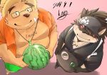  2019 anthro belly beverage blush canid canine canis clothed clothing domestic_dog duo eyewear food fruit glasses hat headgear headwear humanoid_hands kawakyun1 male mammal melon moobs open_shirt overweight overweight_male plant robe scar shino_(housamo) simple_background straw_hat tokyo_afterschool_summoners ursid video_games volos watermelon 