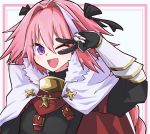  1boy ;d absurdres arm_up astolfo_(fate) bangs black_bow black_gloves black_ribbon black_shirt bow braid buckle cloak cross eyebrows_visible_through_hair fang fate/apocrypha fate_(series) fur-trimmed_cloak fur_collar fur_trim gauntlets gloves hair_between_eyes hair_bow hair_intakes hair_ribbon highres jipponwazaari long_hair long_sleeves looking_at_viewer male_focus multicolored_hair one_eye_closed open_mouth otoko_no_ko pink_hair purple_eyes ribbon shirt single_braid skin_fang smile solo streaked_hair upper_body v_over_eye white_background white_cloak white_hair 