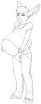  anthro bottomwear bulge clothing lagomorph leporid male male_pregnancy mammal maws-paws pants pregnant rabbit shirt solo standing thong topwear 