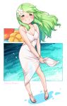  1girl absurdres blush breasts dress feet flower food fusa_(starless2323) green_eyes green_hair hair_flower hair_ornament highres long_hair looking_at_viewer md5_mismatch morinaka_kazaki open_mouth resized see-through shoes smile solo upscaled water wristband 
