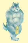  2018 anthro balls belly blush canid canine canis domestic_dog humanoid_hands male mammal moobs nekomarudon nipples overweight overweight_male simple_background solo tanukimaru towel 