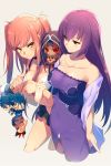  2girls bangs cis05 dress fate/grand_order fate_(series) medb_(fate)_(all) medb_(fate/grand_order) mini_cu-chan multiple_girls pink_hair purple_dress purple_hair red_eyes scathach_(fate)_(all) scathach_skadi_(fate/grand_order) smile strapless strapless_dress yellow_eyes 
