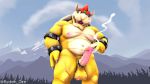  2019 3d_(artwork) balls bodily_fluids bowser cum day digital_media_(artwork) erection fangs genital_fluids hair horn koopa male mammal mario_bros muscular nintendo nipples nude open_mouth outside penis red_eyes red_hair reptile ryden_dire scales scalie solo spikes tan_scales video_games yellow_scales 