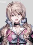  1girl alternate_hairstyle antenna_hair artist_name barbed_wire black_gloves blonde_hair blue_eyes blue_scrunchie bow breasts choker cleavage commentary_request danganronpa eyebrows_visible_through_hair fingerless_gloves gloves grey_background hair_between_eyes hair_ornament hair_scrunchie iruma_miu long_hair looking_at_viewer medium_breasts new_danganronpa_v3 o-ring open_mouth scrunchie simple_background solo twitter_username z-epto_(chat-noir86) 