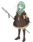  1girl bow closed_mouth fire_emblem fire_emblem:_three_houses flayn_(fire_emblem) full_body garreg_mach_monastery_uniform green_eyes green_hair hair_ornament holding holding_weapon long_hair long_sleeves oakentsun polearm simple_background smile solo uniform weapon white_background 